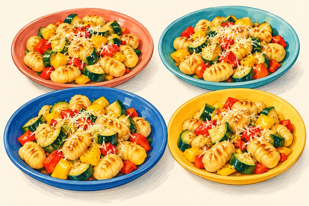 Four plates of golden potato gnocchi with diced red and yellow peppers, green zucchini and a little grated Parmesan.