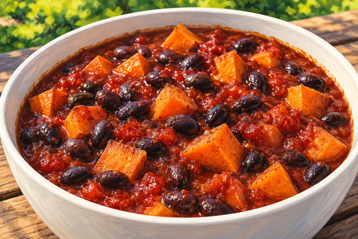 Close view of black beans and orange sweet-potato cubes in thick red chili, in a single white bowl.
