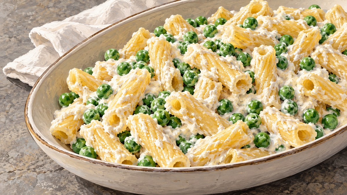 An oval serving dish of short pasta coated in white ricotta sauce and dotted with green peas, seen diagonally close up.