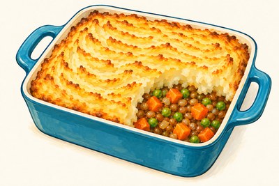 A square dish of lentil shepherd’s pie with ridged mashed-potato topping and a portion showing lentils, carrot and green peas beneath.