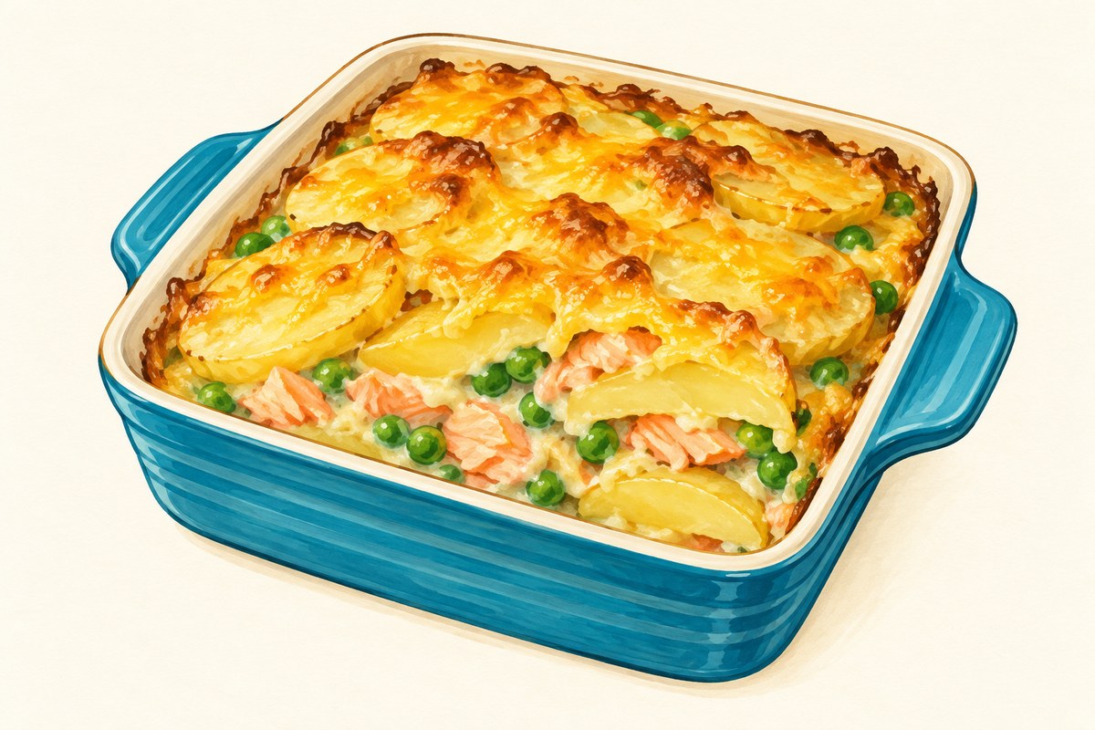 A small square potato bake with golden cheddar, flaked pink salmon and green peas visible between soft potato slices.
