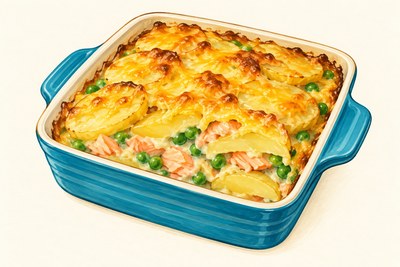 A small square potato bake with golden cheddar, flaked pink salmon and green peas visible between soft potato slices.