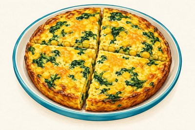 A round golden frittata cut into four wedges, with yellow corn kernels, green spinach and cheddar throughout.