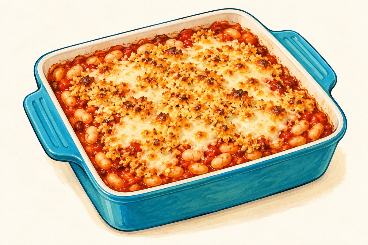 A square baking dish of white beans in red tomato sauce with a golden mozzarella-and-breadcrumb topping.