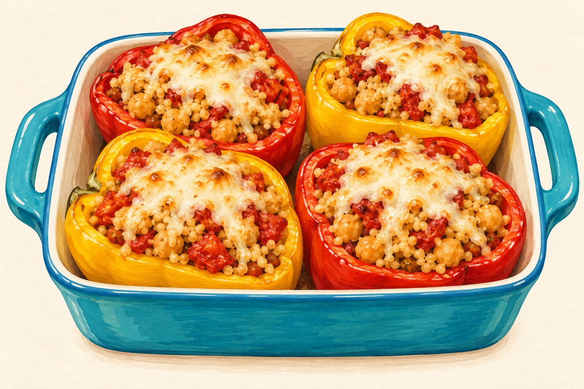 Four red and yellow pepper halves filled with couscous, chickpeas and tomato, topped with melted mozzarella.