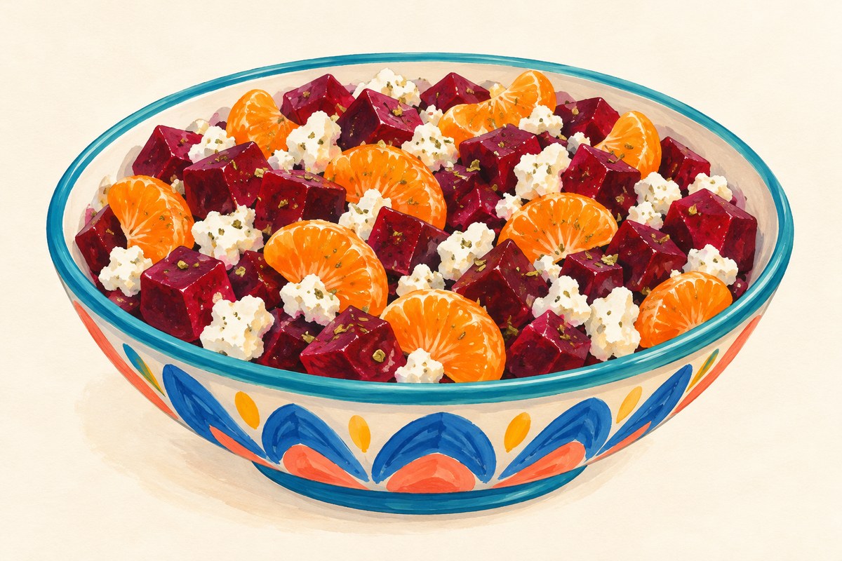 Four side bowls of diced dark-red cooked beet, orange clementine segments and white feta crumbles with tiny oregano flecks.