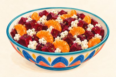 Four side bowls of diced dark-red cooked beet, orange clementine segments and white feta crumbles with tiny oregano flecks.