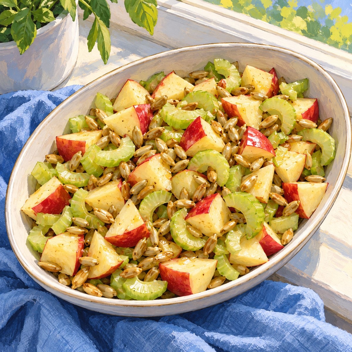 Red-skinned apple pieces, thin celery slices and sunflower seeds in one shallow oval dish beside a window.