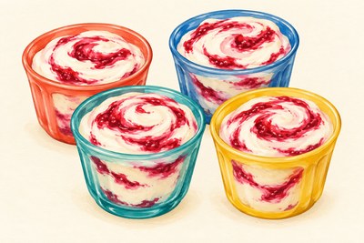 Four small cups of white cheesecake-style yogurt cream with red raspberry swirls.