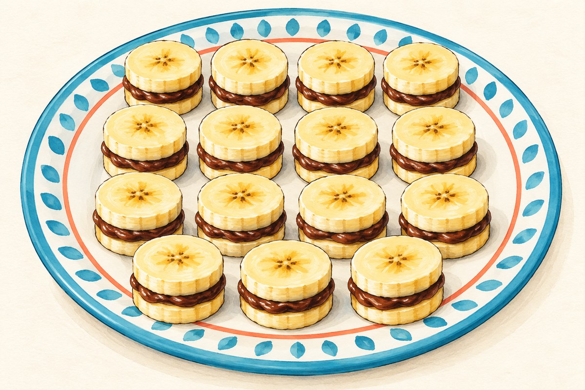 Sixteen pairs of banana rounds with a thin dark cocoa-peanut filling, arranged flat on a plate without sticks.