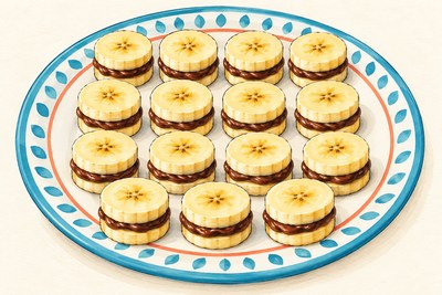Sixteen pairs of banana rounds with a thin dark cocoa-peanut filling, arranged flat on a plate without sticks.