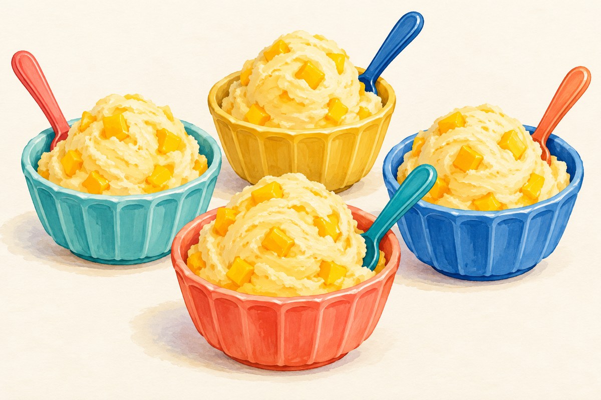 Four small open cups of pale yellow mango frozen yogurt with tiny mango pieces, served with spoons and no sticks.