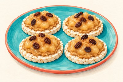 Four round plain rice cakes with a thin sunflower-seed-butter layer, a pale cinnamon applesauce mound and a few dark raisins on each.