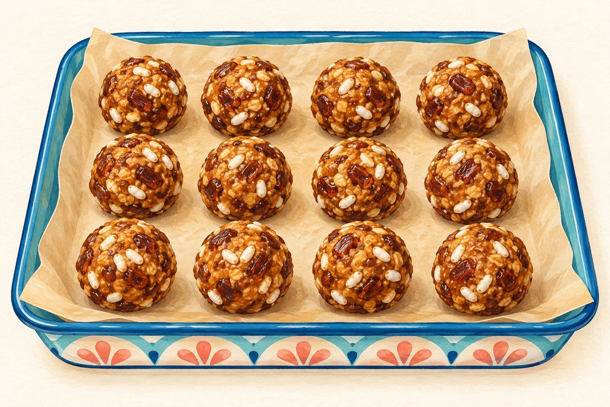 Twelve small brown date-and-sunflower-butter bites with white puffed-rice pieces visible, arranged on parchment.