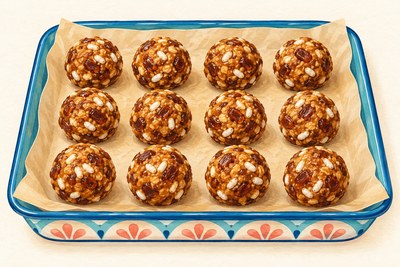 Twelve small brown date-and-sunflower-butter bites with white puffed-rice pieces visible, arranged on parchment.
