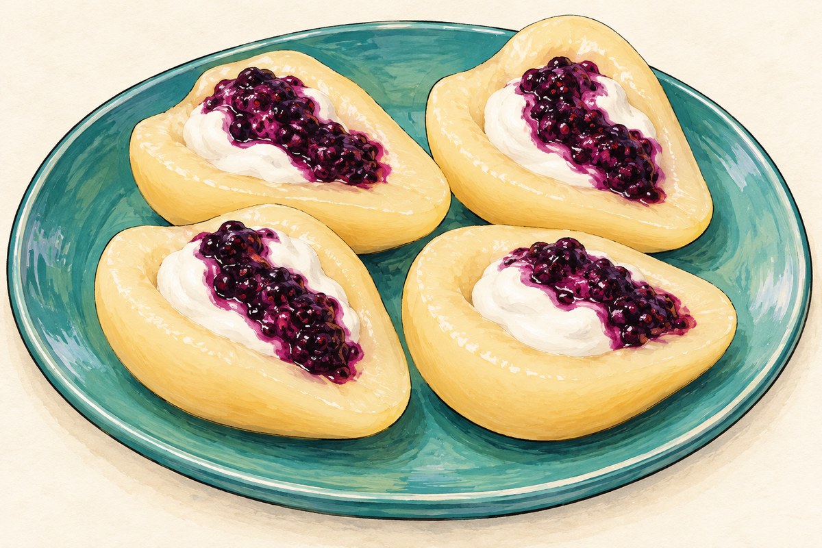 Four soft pale pear halves hollow-side up, filled with white vanilla yogurt and purple mashed blackberry stripes.
