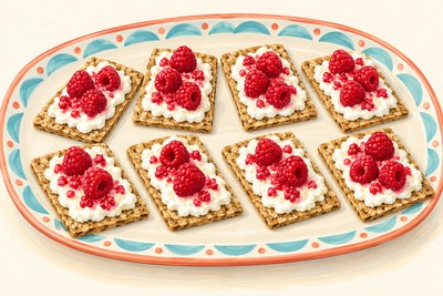 Eight rectangular wheat crispbreads topped with white ricotta and red crushed and whole raspberries.