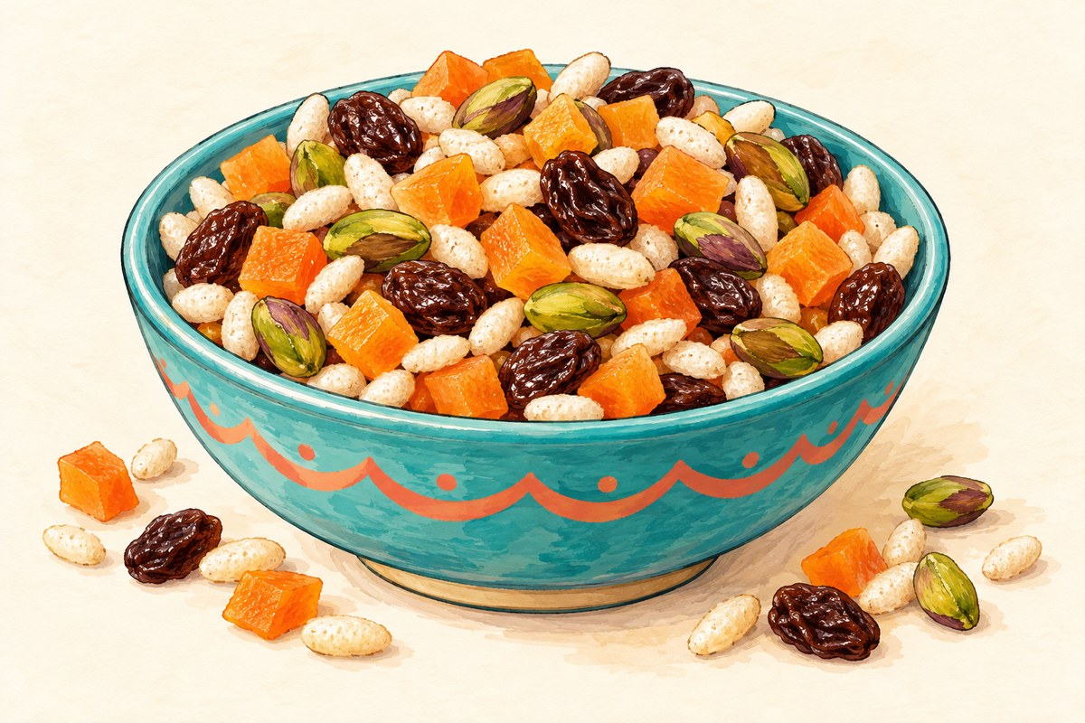 A small bowl of orange dried-apricot dice, green shelled pistachios, dark raisins and white puffed rice cereal.