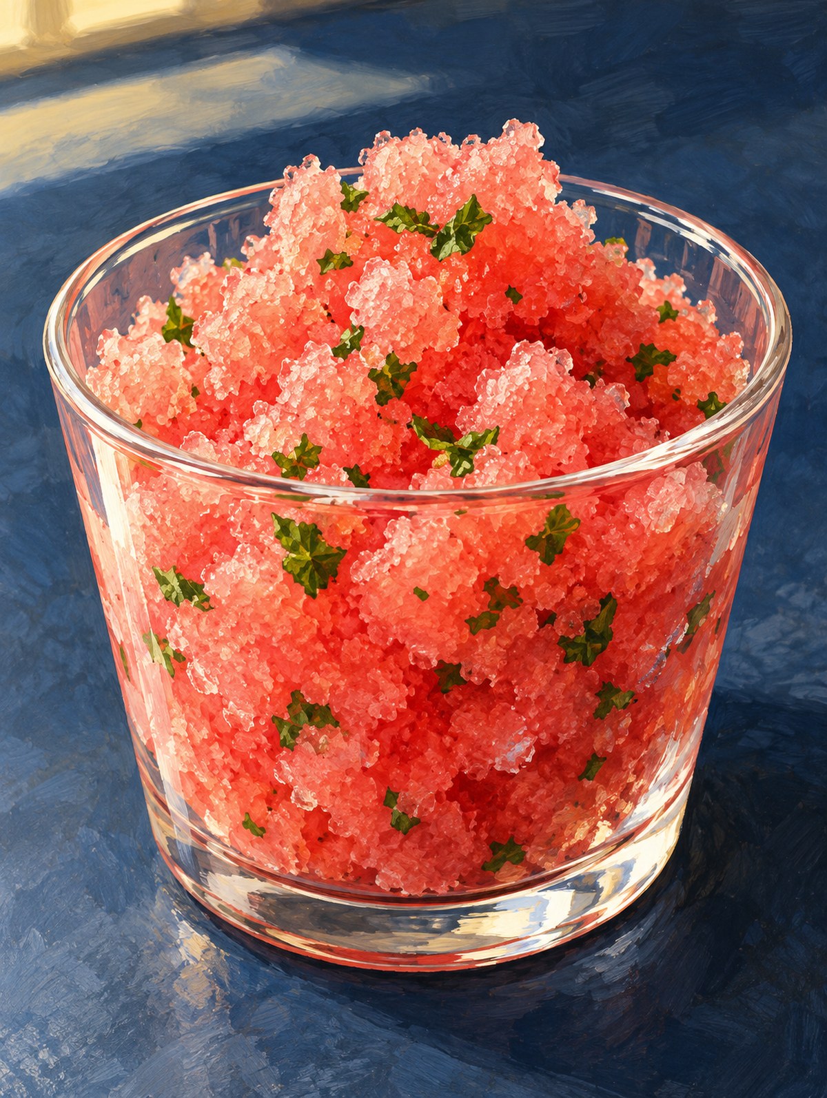 A single clear dessert cup of loose pink watermelon ice crystals with green mint flecks, against a navy worktop.