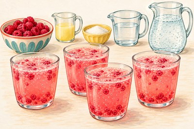 Four cups of pink raspberry lemonade fizz with small soft raspberry pieces and bubbles, no ice or garnish.