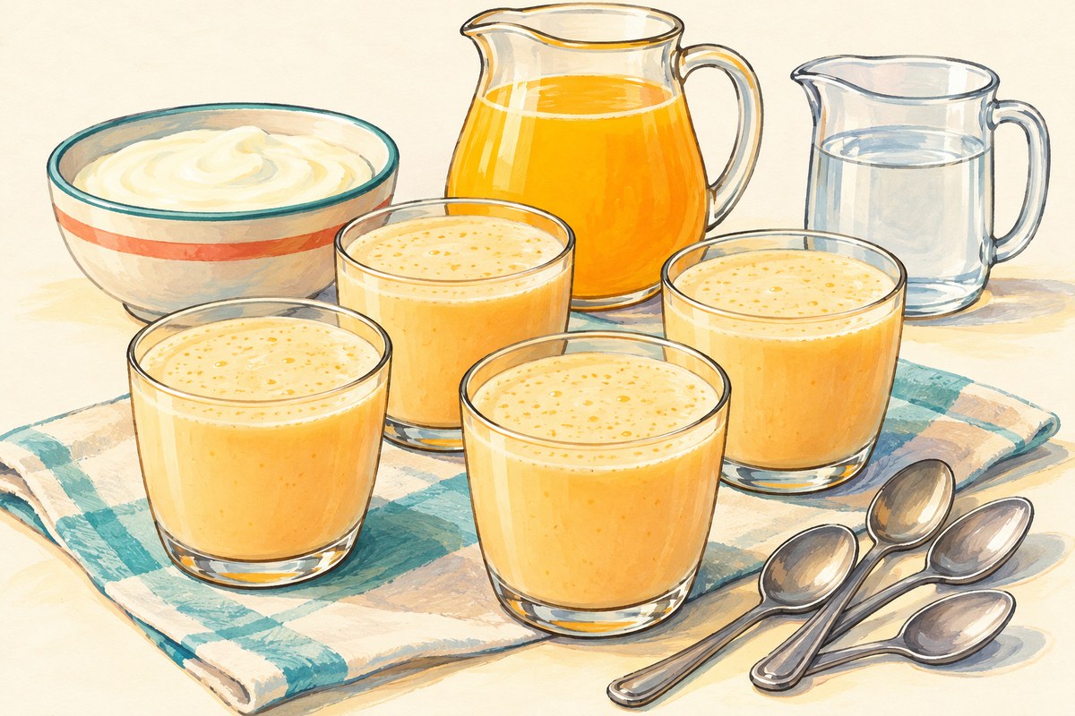 Four small cups of creamy pale-orange yogurt drink, smooth and lightly frothy, with no fruit garnish or straws.
