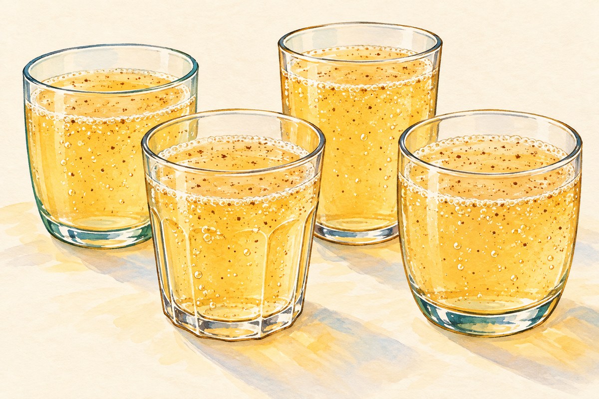 Four cups of pale golden sparkling apple drink with a few tiny cinnamon flecks and no apple slices or cinnamon sticks.
