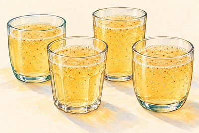 Four cups of pale golden sparkling apple drink with a few tiny cinnamon flecks and no apple slices or cinnamon sticks.