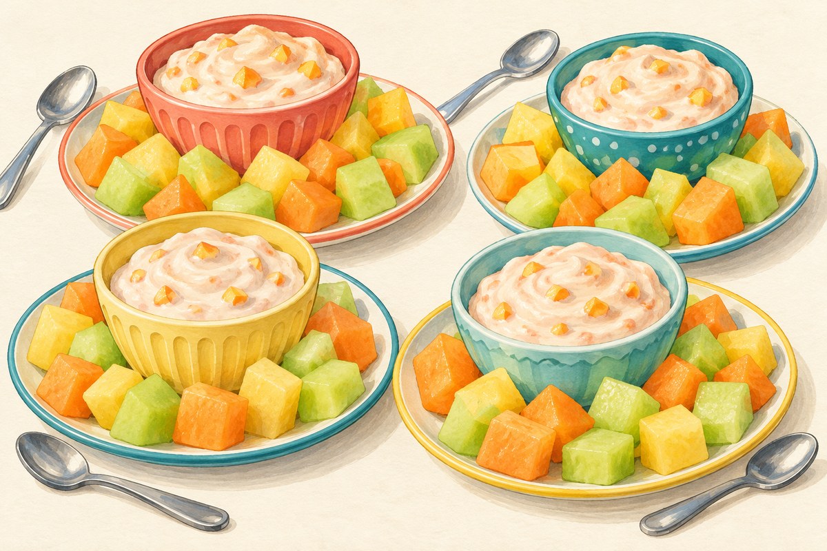 Four small bowls of pale peach yogurt dip with tiny peach pieces, surrounded by bite-size seedless melon cubes.