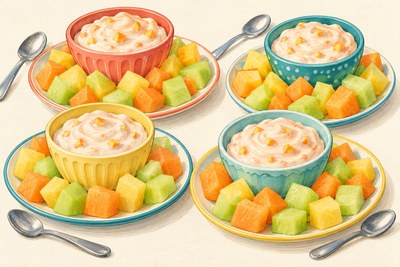 Four small bowls of pale peach yogurt dip with tiny peach pieces, surrounded by bite-size seedless melon cubes.