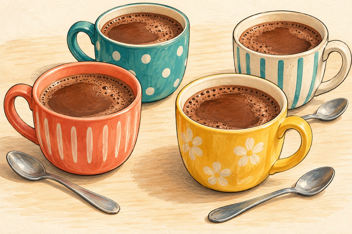 Four small mugs of warm dark-brown cocoa with a lightly frothy surface, no marshmallows, cream or cinnamon sticks.