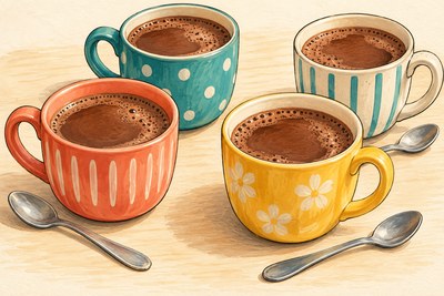 Four small mugs of warm dark-brown cocoa with a lightly frothy surface, no marshmallows, cream or cinnamon sticks.