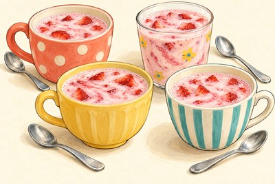 Four wide cups of pale-pink strawberry milk with darker strawberry swirls and tiny soft fruit pieces.
