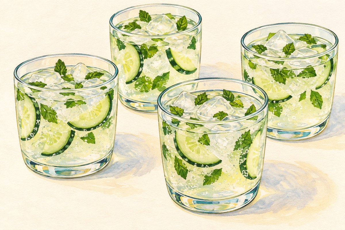 Four cups of nearly clear sparkling lime cooler with thin cucumber half-moons and small torn mint pieces.