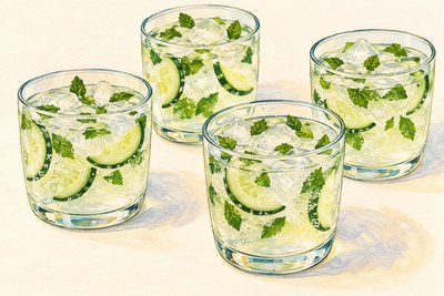 Four cups of nearly clear sparkling lime cooler with thin cucumber half-moons and small torn mint pieces.