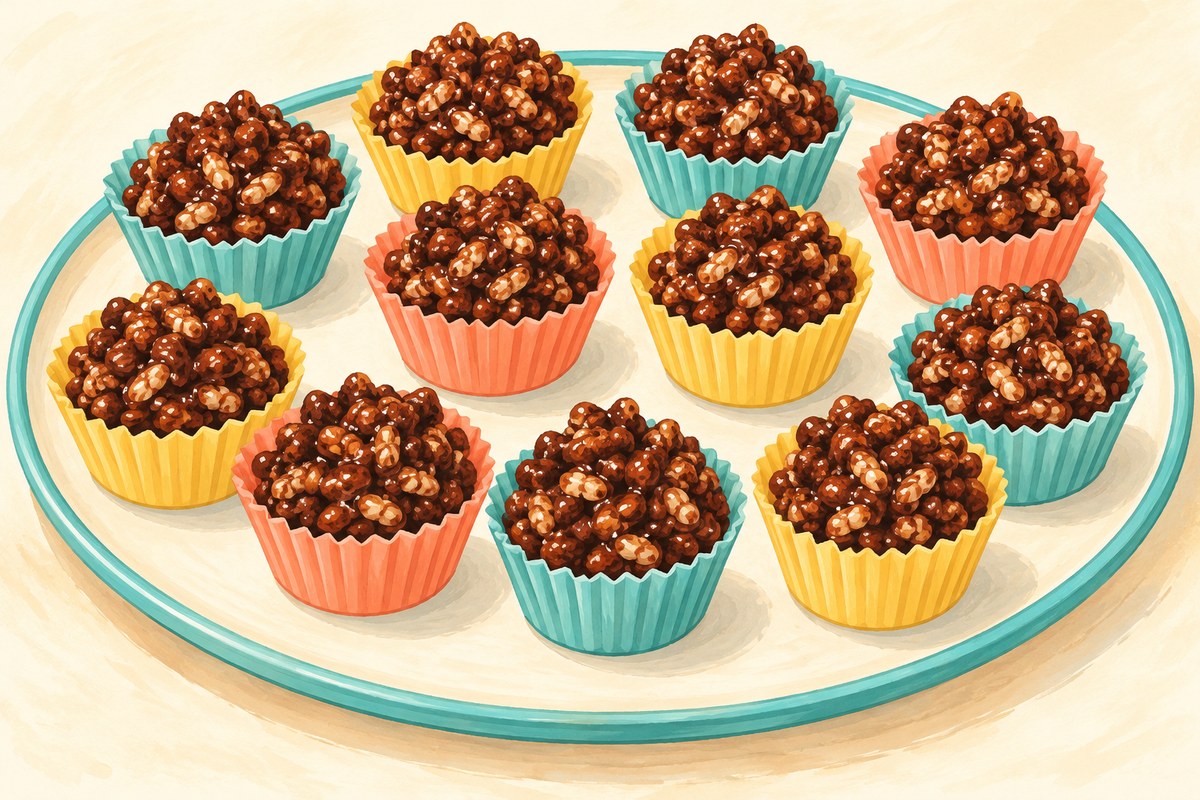 Twelve mini paper cups filled with small dark cocoa-peanut clusters of visible puffed rice cereal.