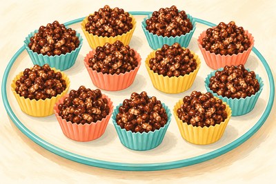 Twelve mini paper cups filled with small dark cocoa-peanut clusters of visible puffed rice cereal.