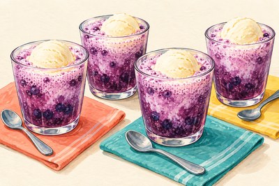 Four small purple blueberry ice-cream floats with one pale vanilla scoop each and foamy sparkling water.