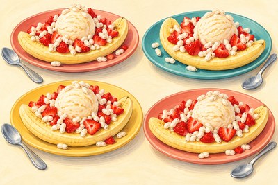 Four banana halves flat-side up on small plates, each with one vanilla ice-cream scoop, diced red strawberries and white puffed rice.
