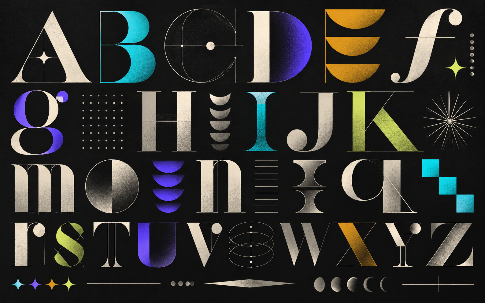 Specimen collage for the Incoprea Font Library
