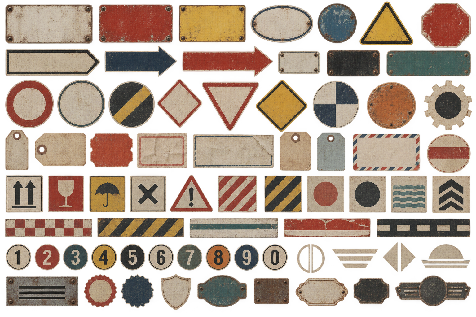 Labels and signs sheet with industrial typography and symbols