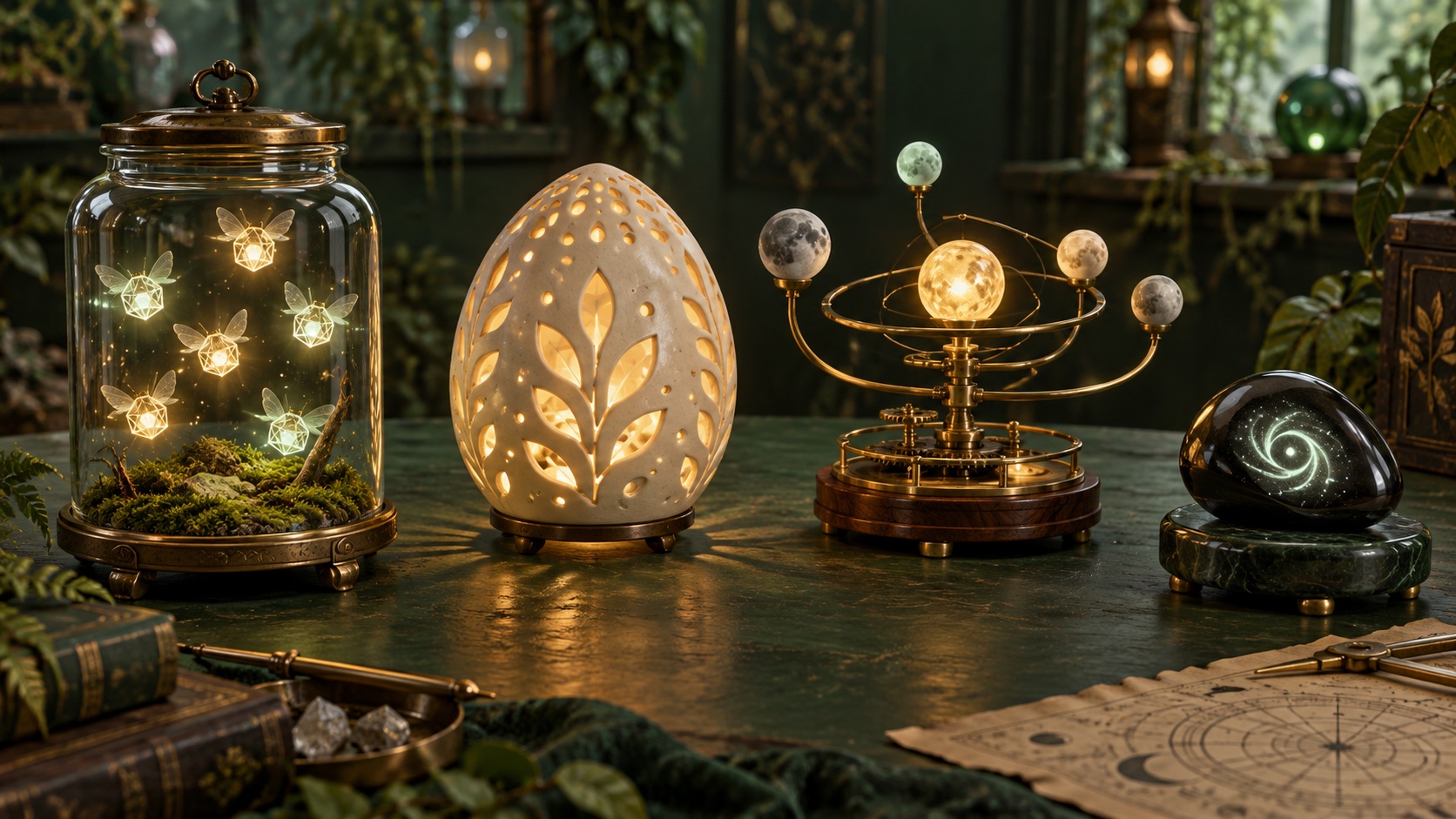 A jar of geometric fireflies, glowing ceramic lantern, miniature moon orrery, and mysterious oracle pebble.