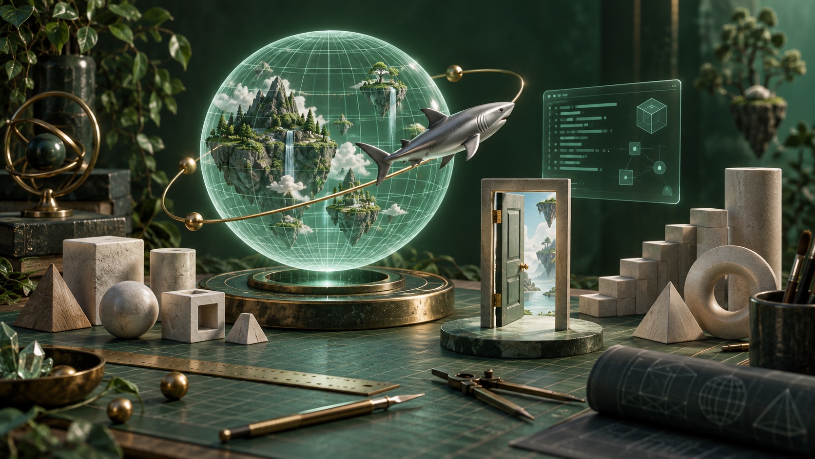 Illustrated scripting workbench with a shark orbiting a wireframe world