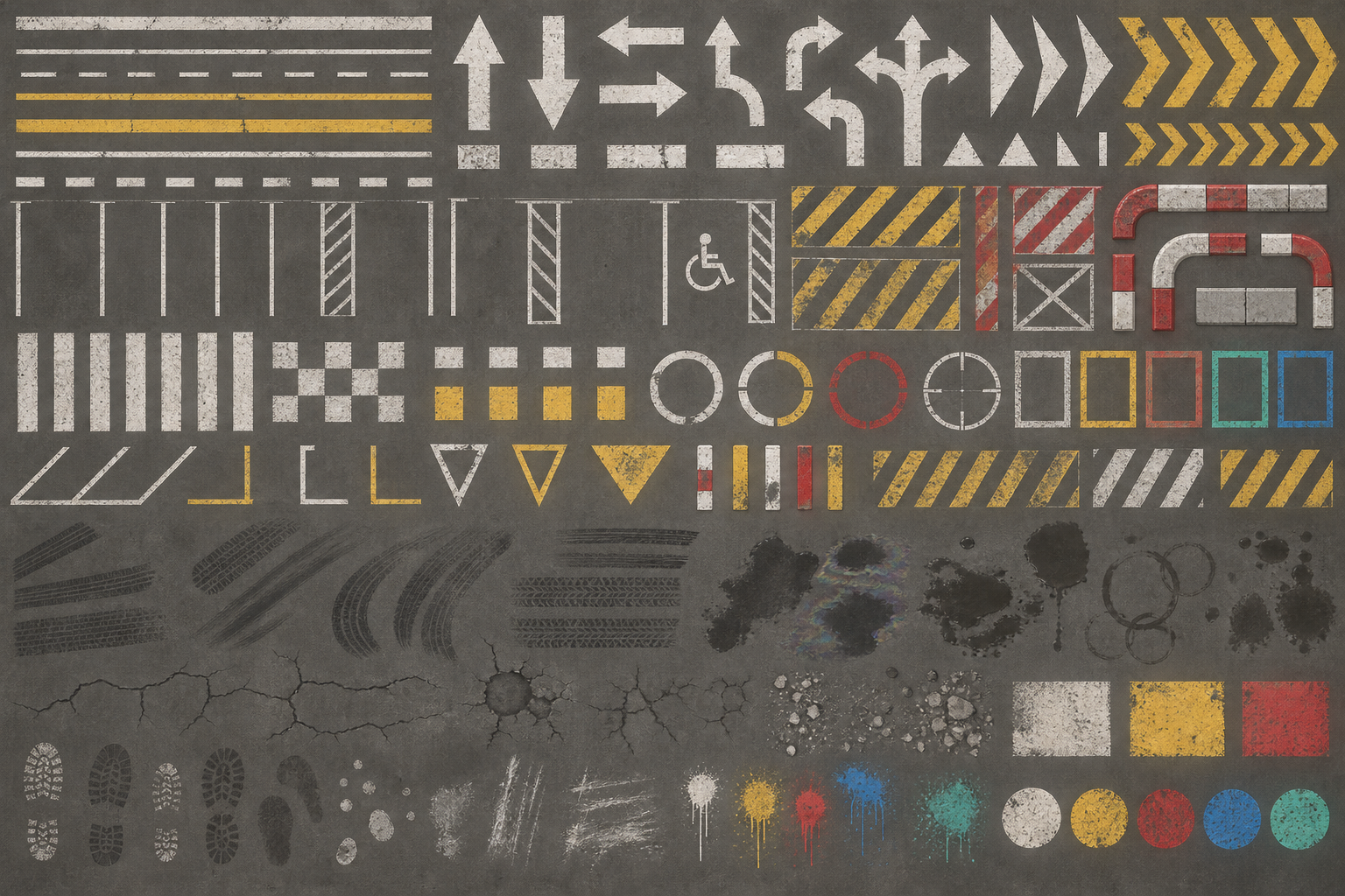 Surface markings atlas with arrows, parking lines, and painted floor symbols