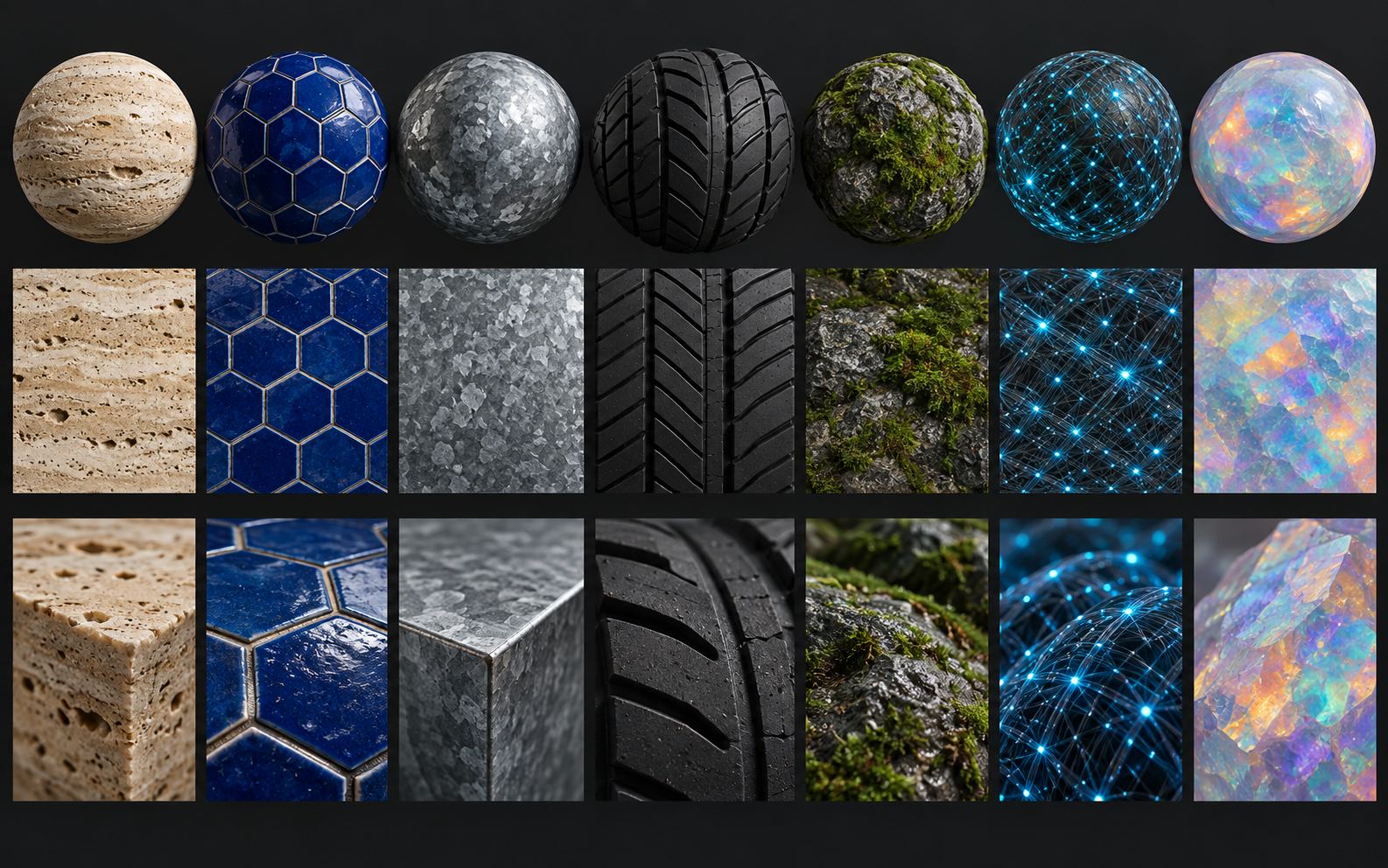 Abstract grid of seamless material swatches for the Incoprea Texture Library
