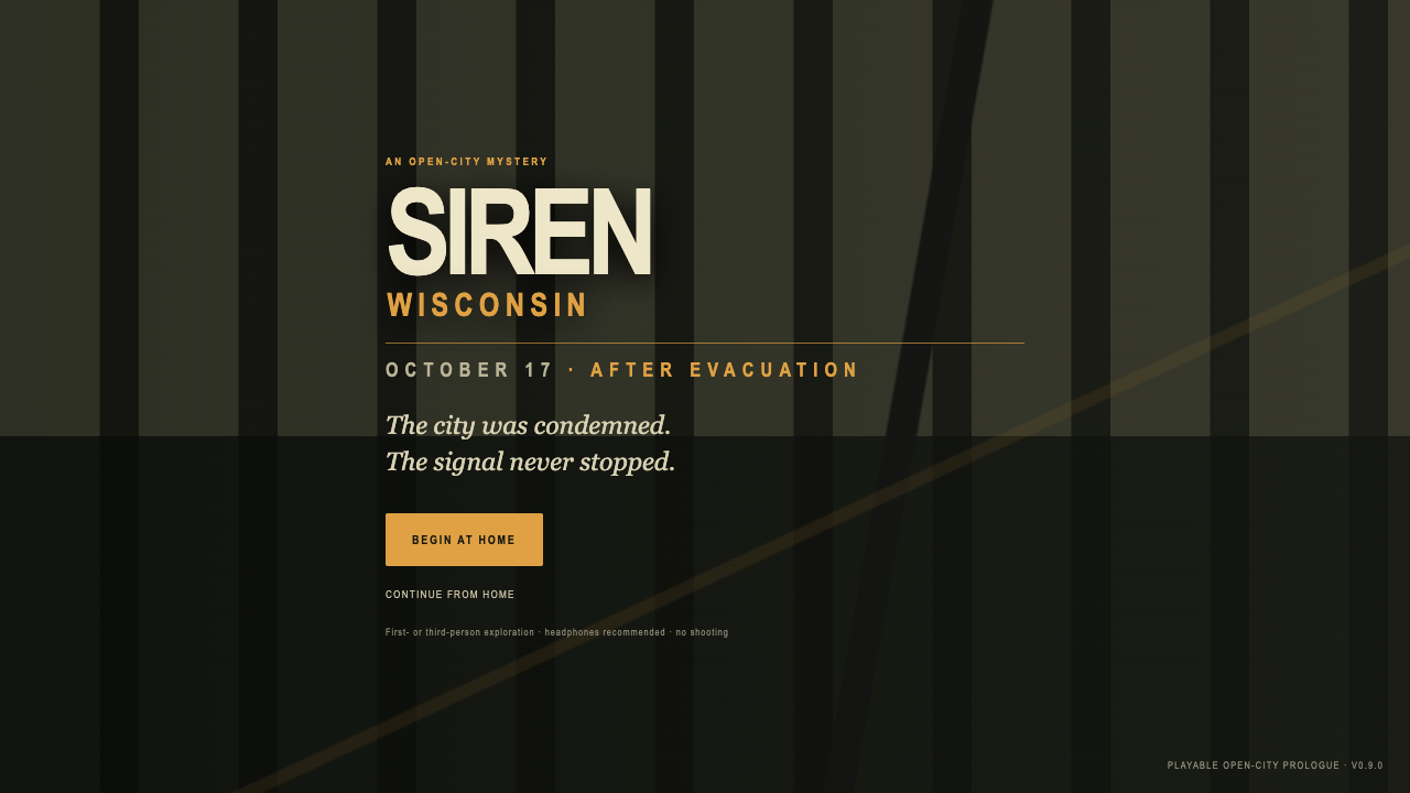 Siren, Wisconsin v0.9.0 title screen for the expanded 1977 open-city exploration