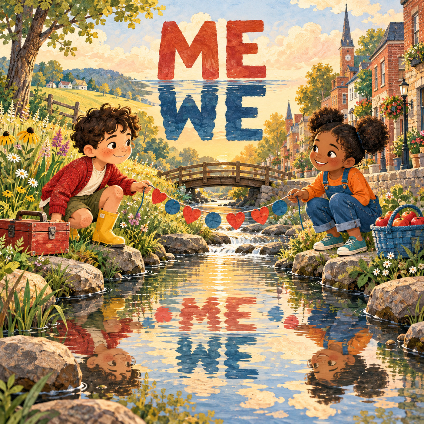 MEWE cover: ME above WE, reflected over a river between country and town.