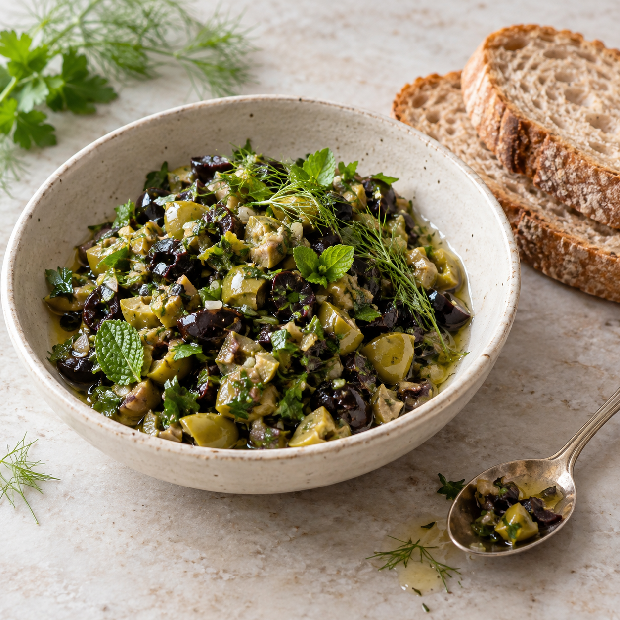 Chopped olives and fresh herbs prepared as a simple relish