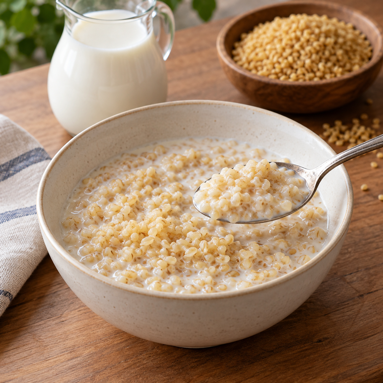 Creamy bulgur wheat porridge with a small milk jug and dry grain.