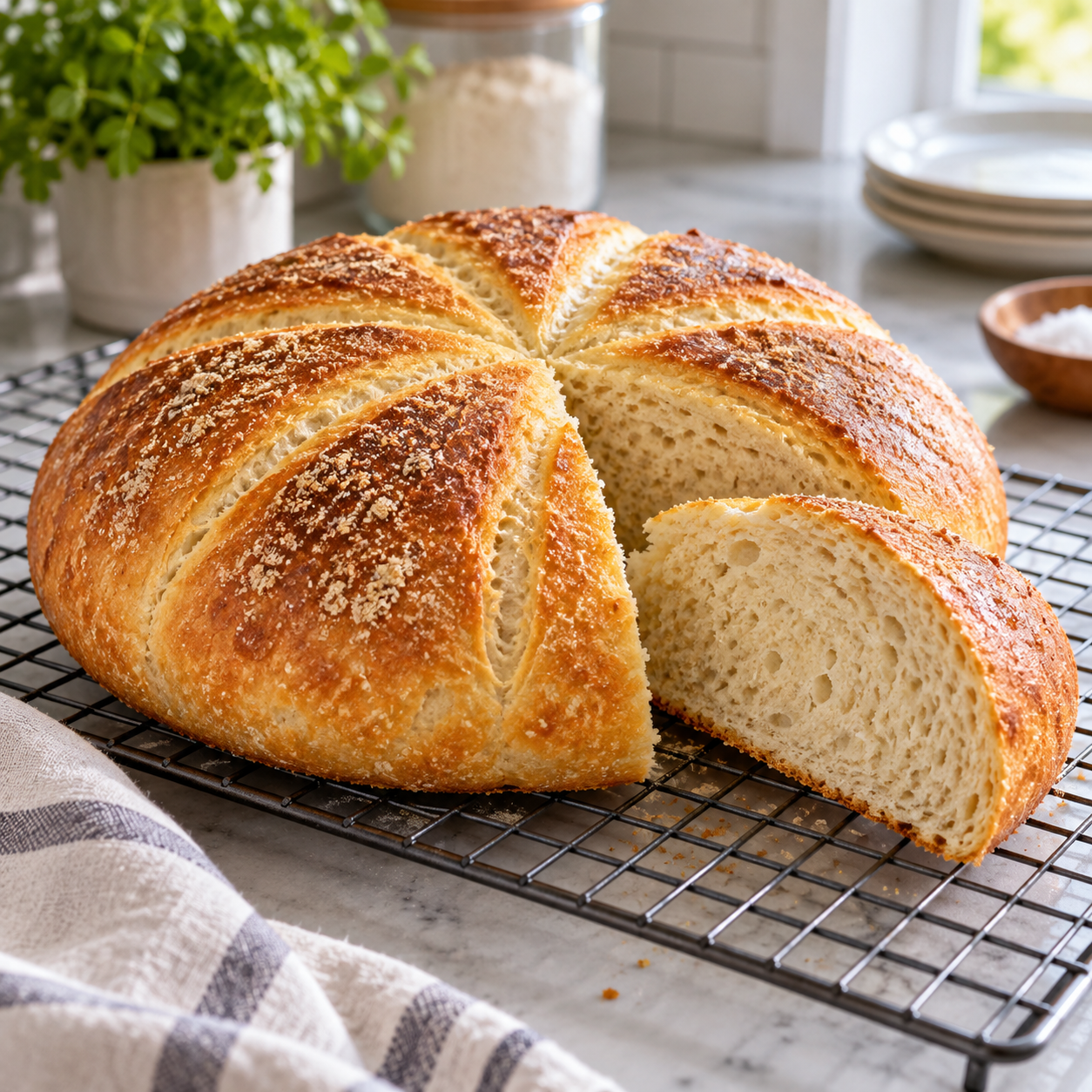 Eight-section golden wheat loaf cooling on a rack with a cut slice.