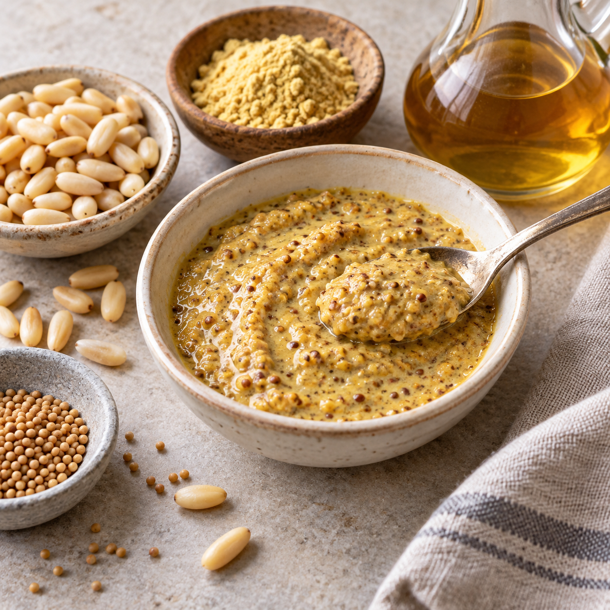 Pale pine-nut mustard with mustard powder, nuts and vinegar.